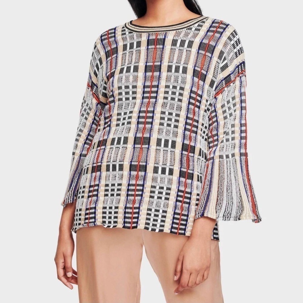 White + Warren Cotton Plaid Flare Sleeve Crew Neck Top Business Casual